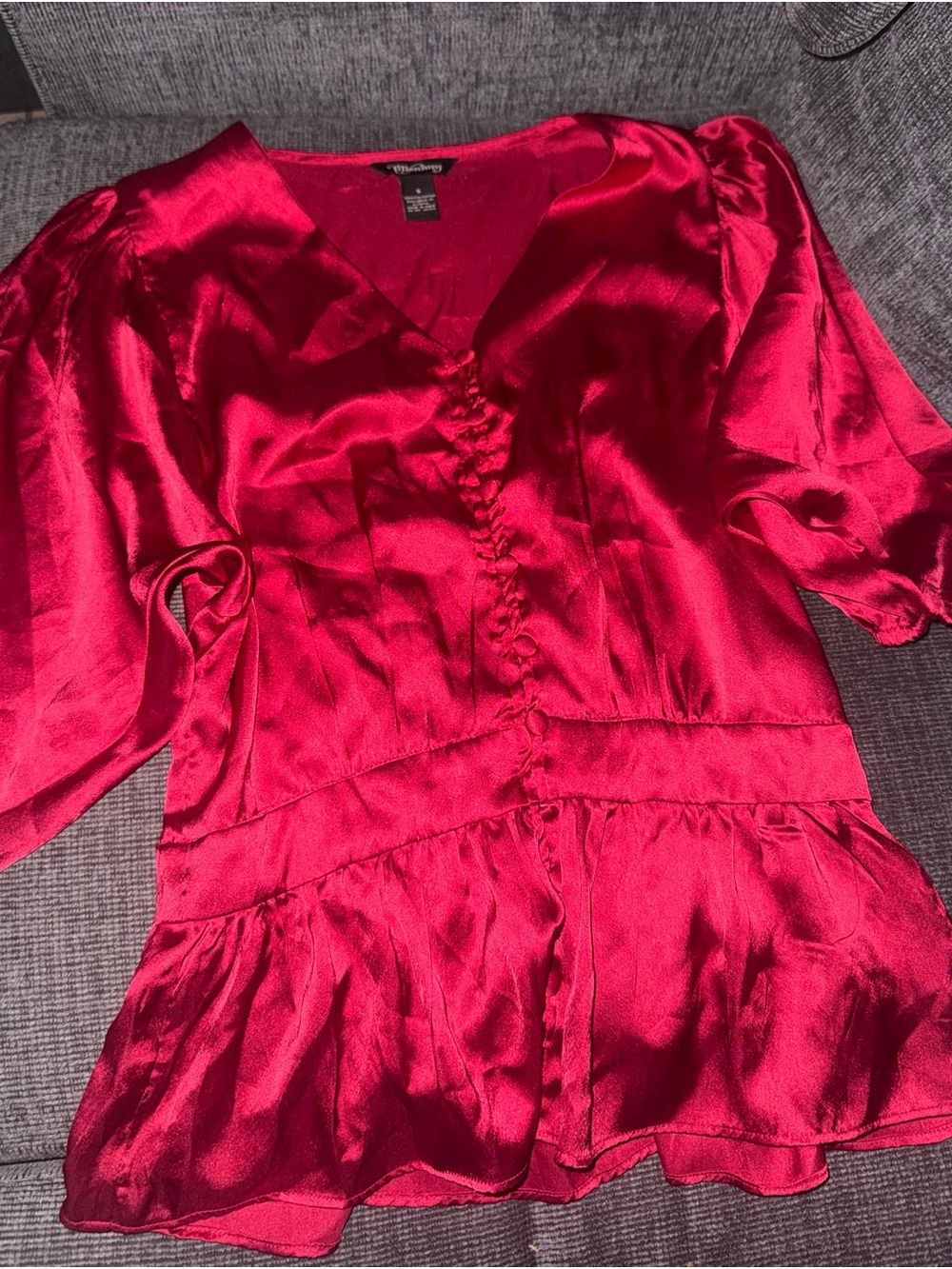 Satin Red Button-Front Peplum Blouse - Women